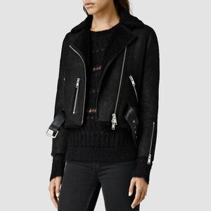 All Saints Leather Merino Lands Moto Biker Jacket Black Casual Warm Winter